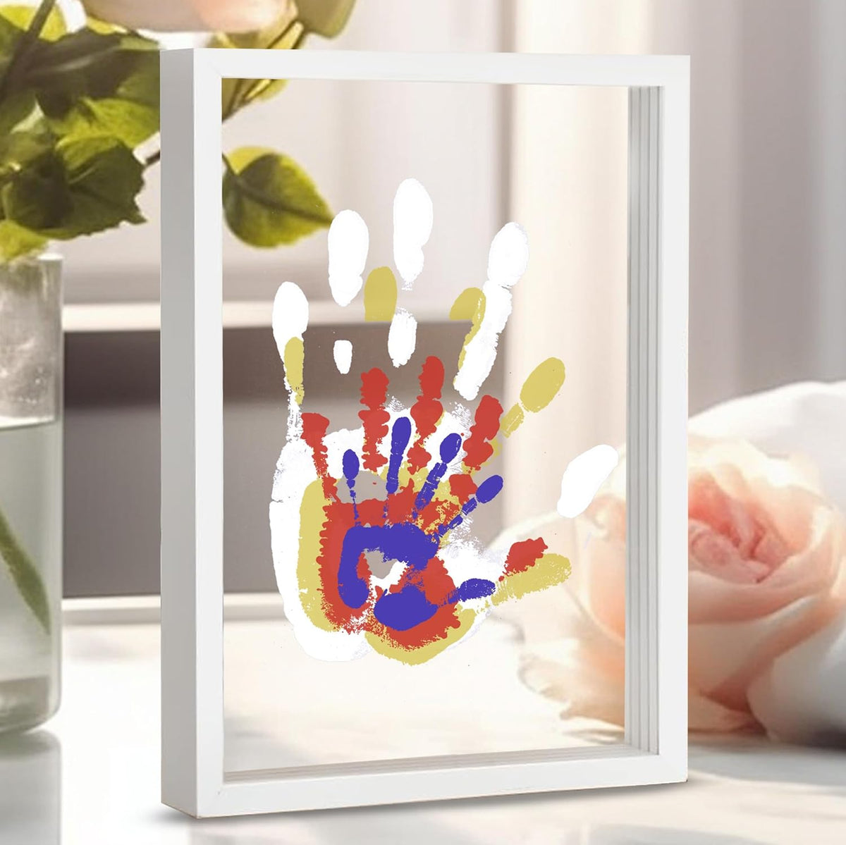 CHERRY CHEERS Family Handprint Kit front view showing the white wooden frame with layered transparent sheets and colorful prints.