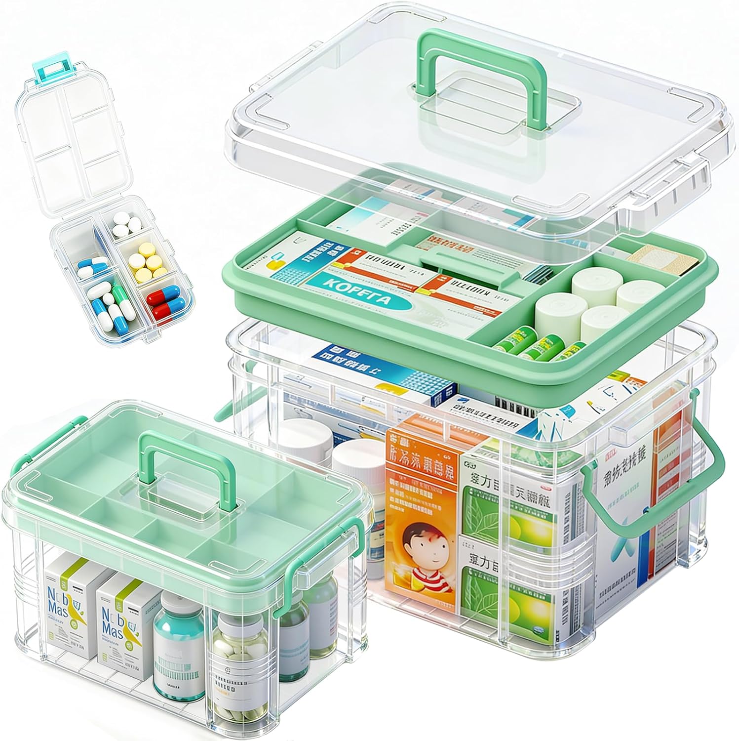 NEOCUPPIXE clear medicine organizer storage box 2 pack front view displaying two sizes of transparent first aid kits with handles