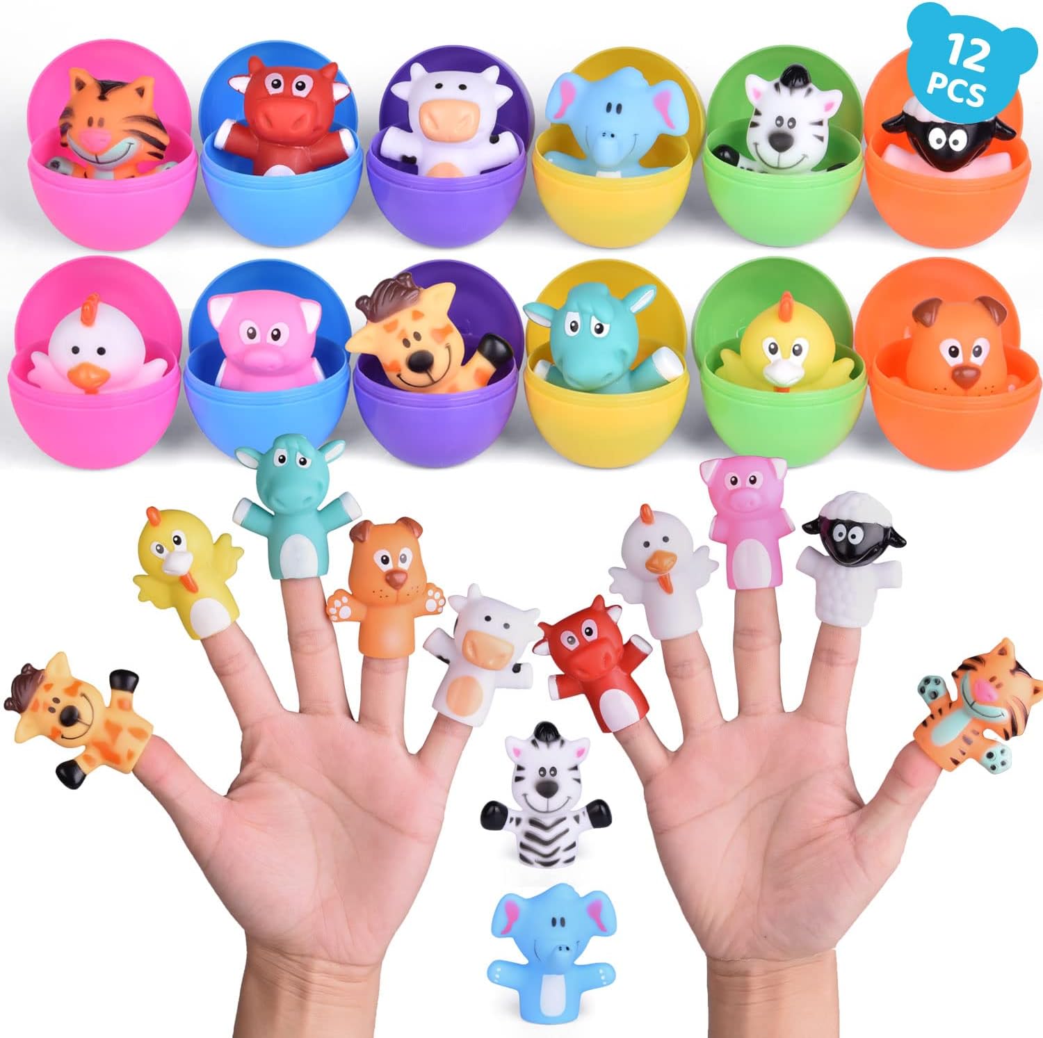 Fun Little Toys prefilled Easter eggs showing the full twelve-piece box from the front view.