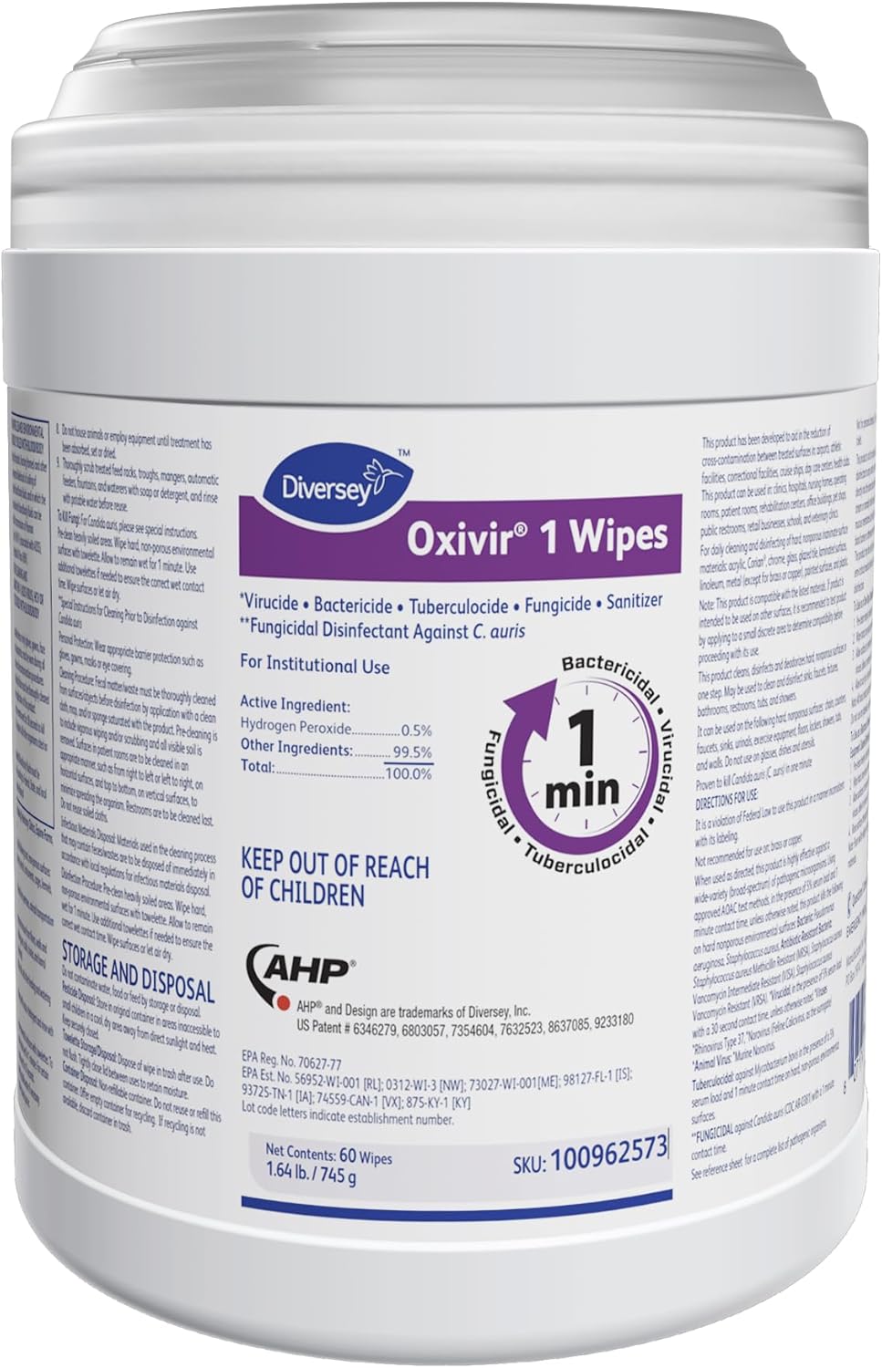 Oxivir Diversey 1 100962573 Disinfectant Cleaning Wipes, Pre-Moistened with Accelerated Hydrogen Peroxide AHP, Unscented, 60 Large 10x10-Inch Wipes, 1-Canister - Image 1