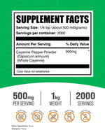 BulkSupplements Cayenne Pepper capsaicin supplement nutrition facts label showing 500mg per serving information