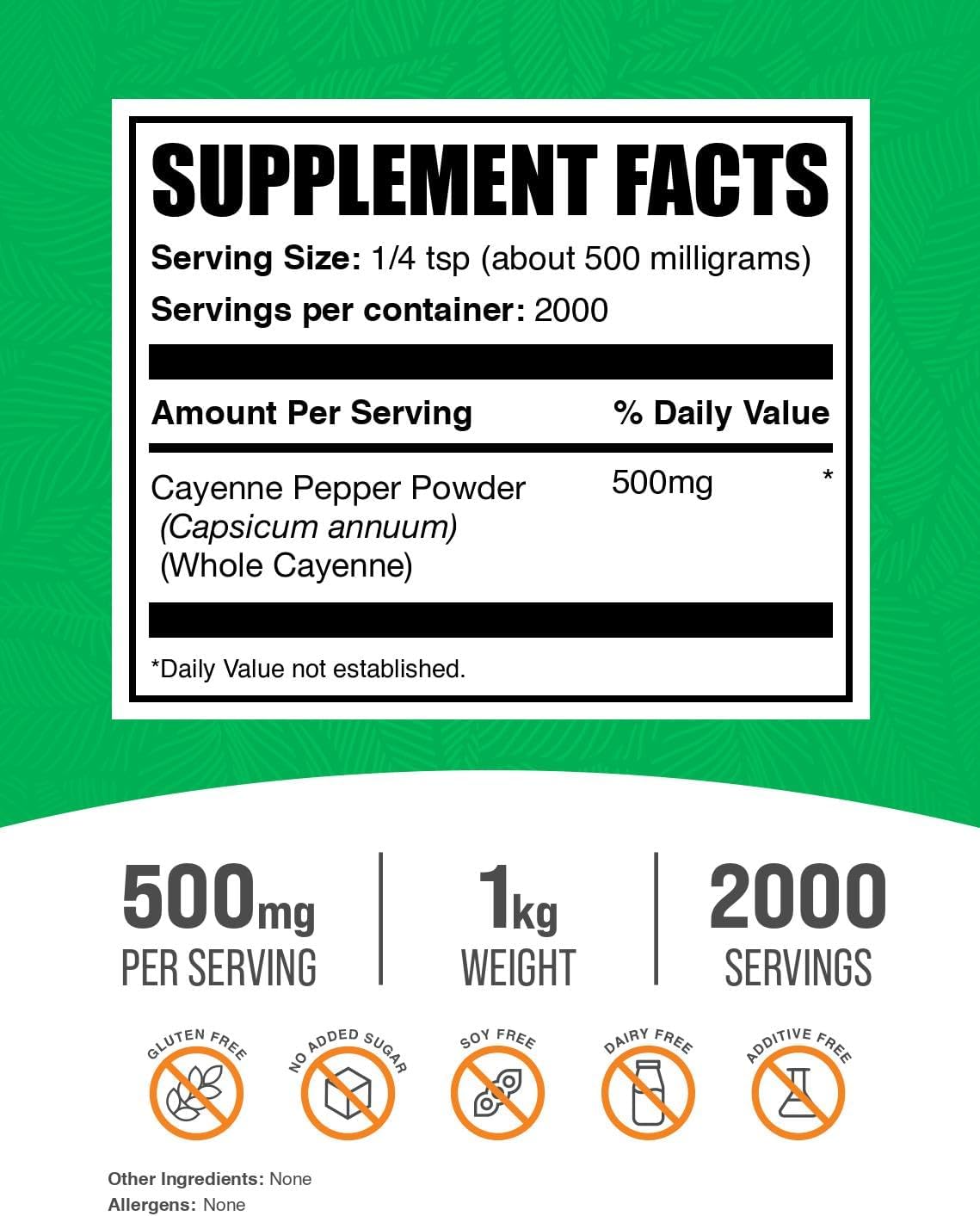 BulkSupplements Cayenne Pepper capsaicin supplement nutrition facts label showing 500mg per serving information