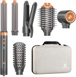 Webeauty hair dryer brush air styler front view displaying all seven styling attachments