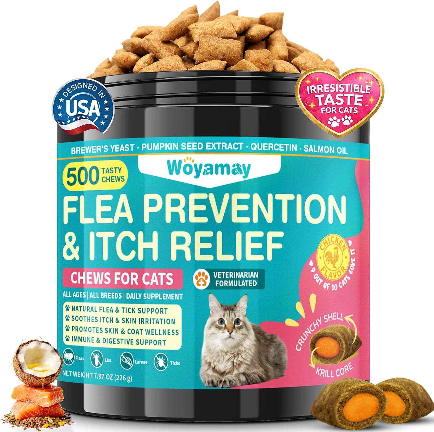 Capstar Woyamay flea treatment for cats 500 chews bottle front view