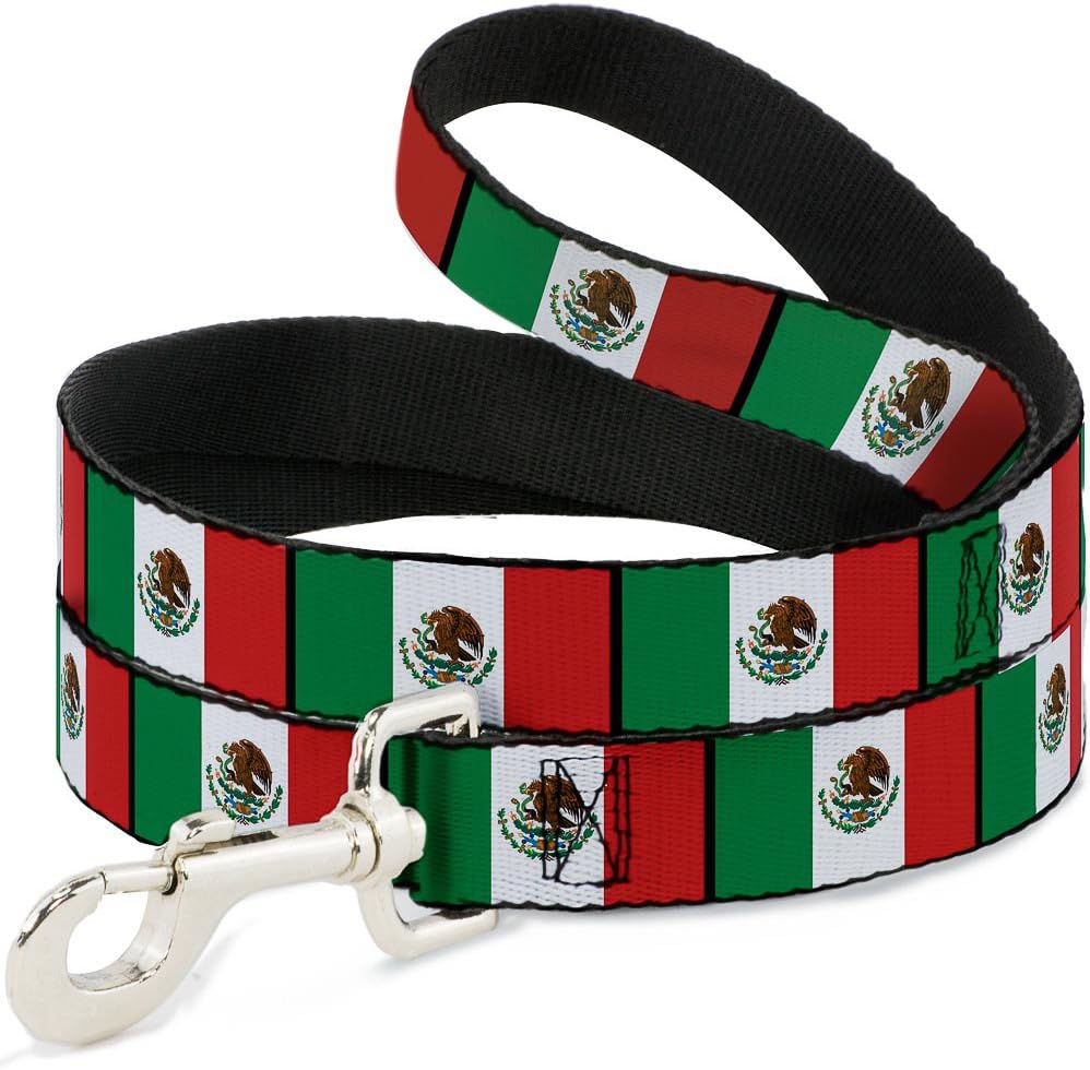 Buckle-Down Mexico Flags pet leash front view with steel hook.