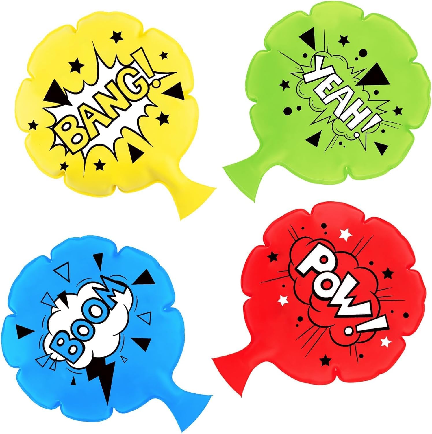 Wishdiam self inflating whoopee cushions front view showing colorful cartoon comic book designs for party pranks.