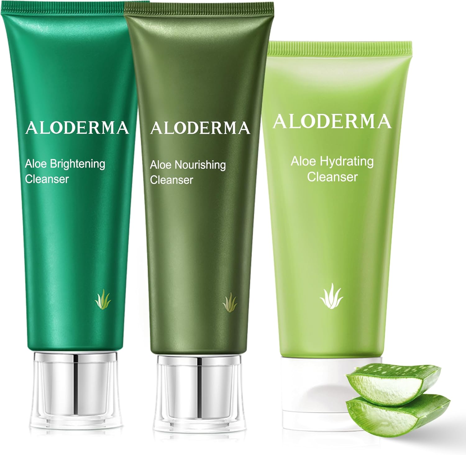Aloderma Aloe Cleanser Set 3 Pieces front view showcasing organic aloe vera face wash bottles.