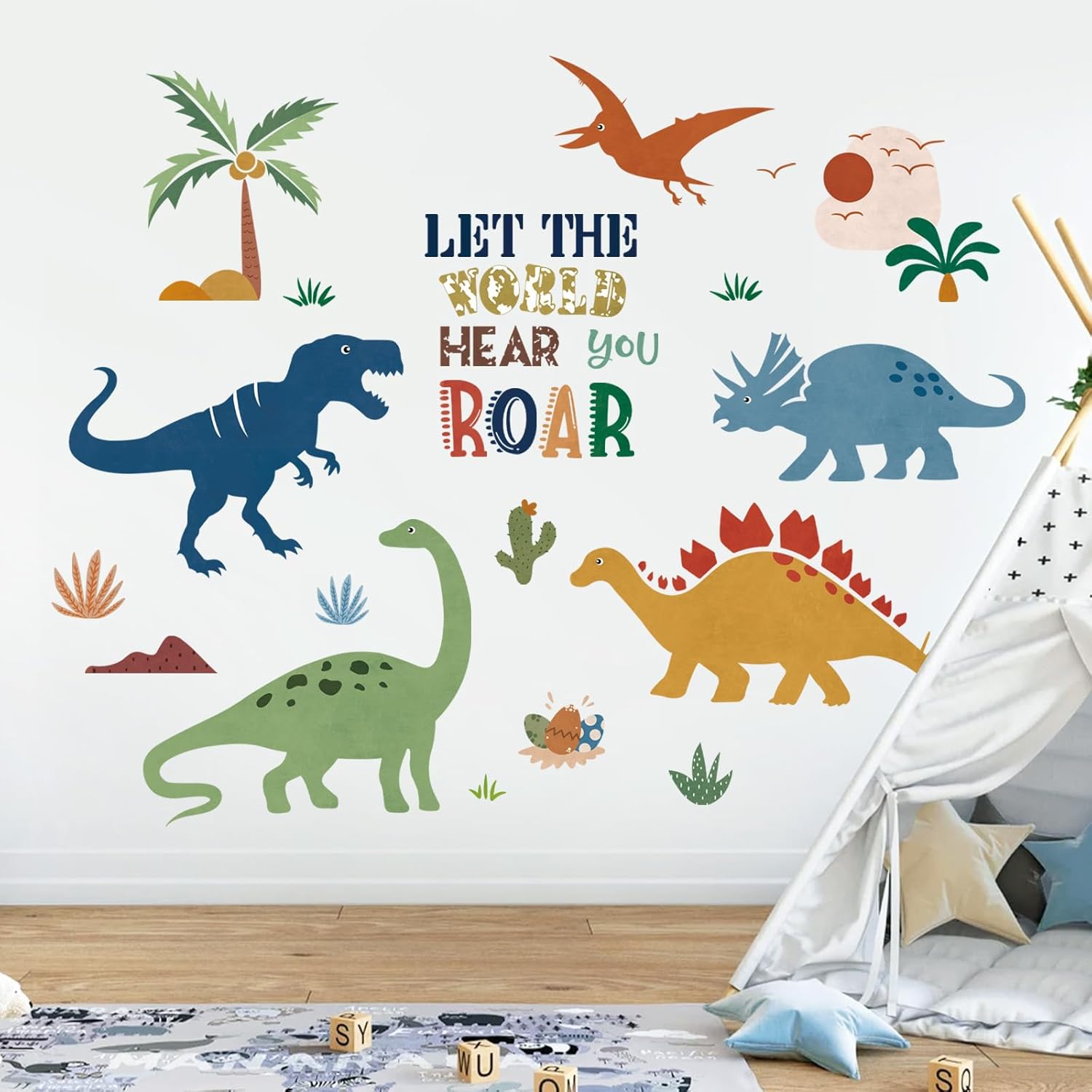 Decalmile Boho Dinosaur Wall Decals set featuring dinosaurs and palm trees