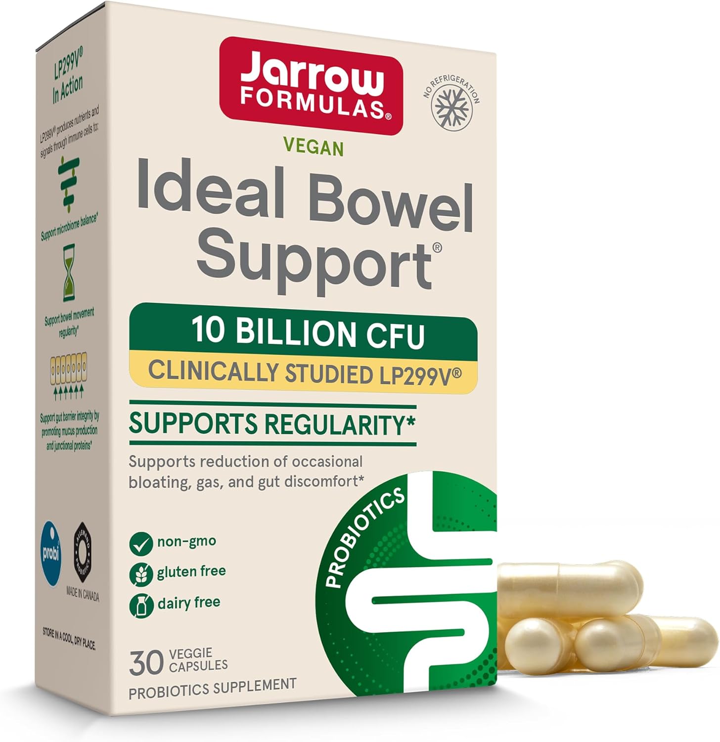Jarrow Formulas Ideal Bowel Support 30 Veggie Capsules front view showcasing probiotic packaging for gas and bloating relief