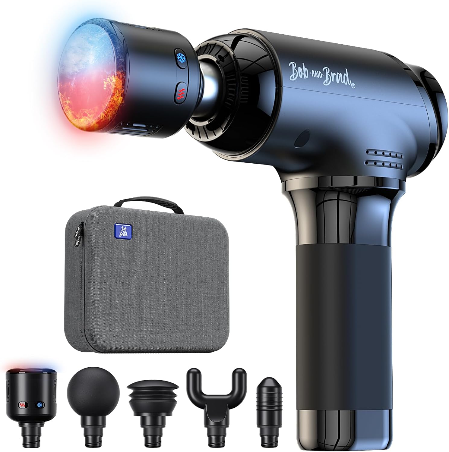 Bob and Brad T2 Pro massage gun front view showcasing the glossy black design and thermal head