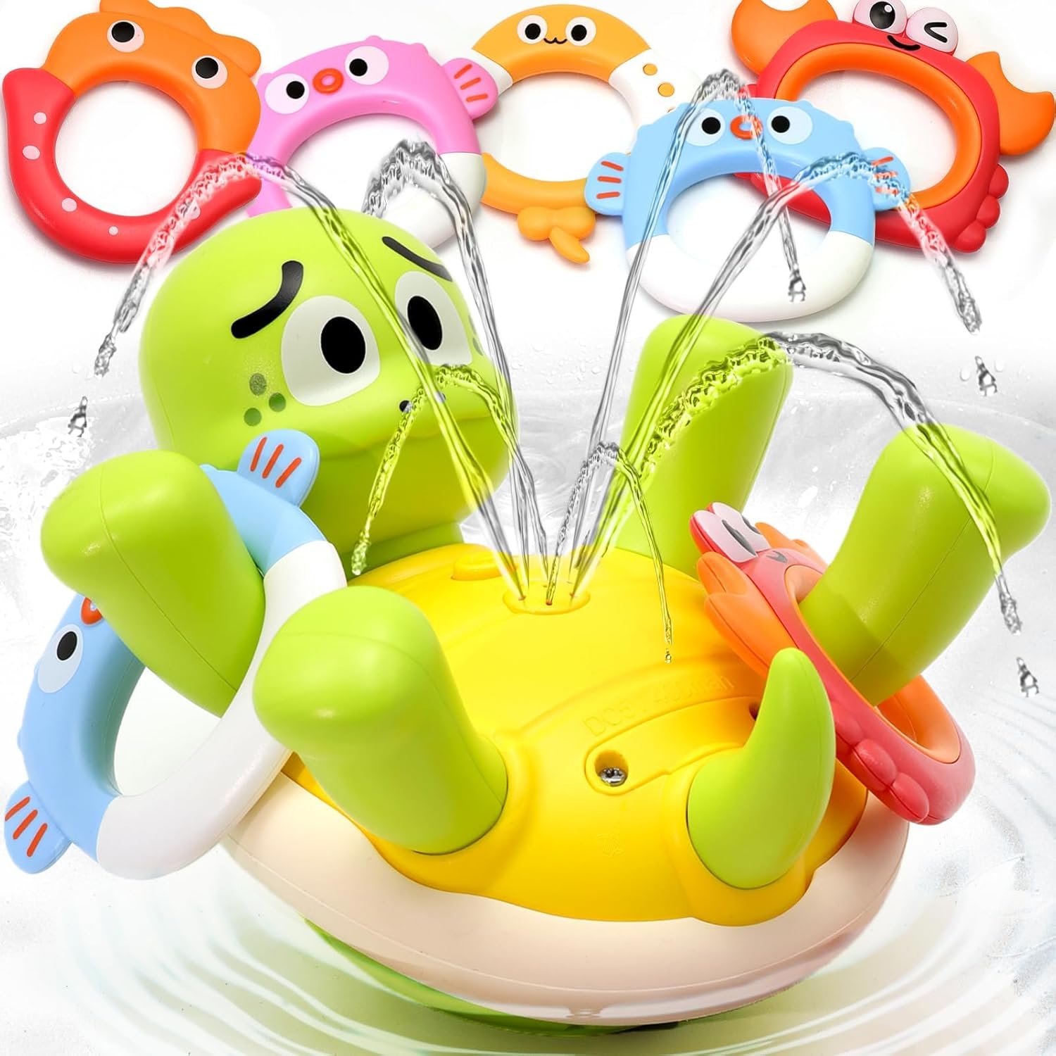 Sizobi rechargeable turtle bath toy sprinkler front view floating in a bathtub
