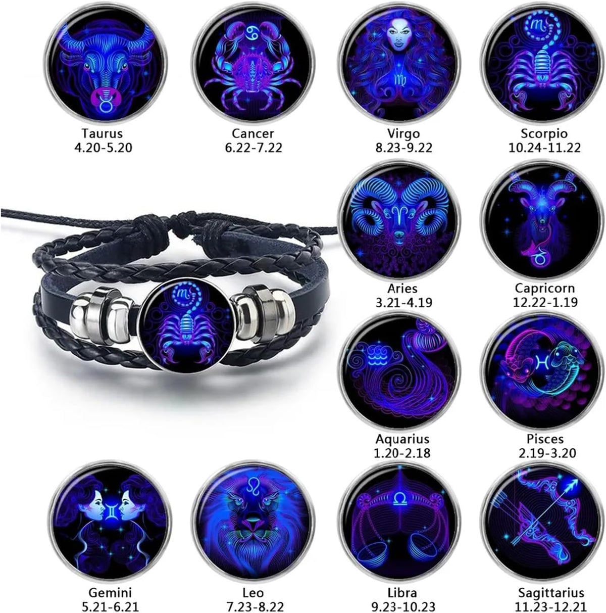 NORLSO black leather zodiac bracelet close up on charm