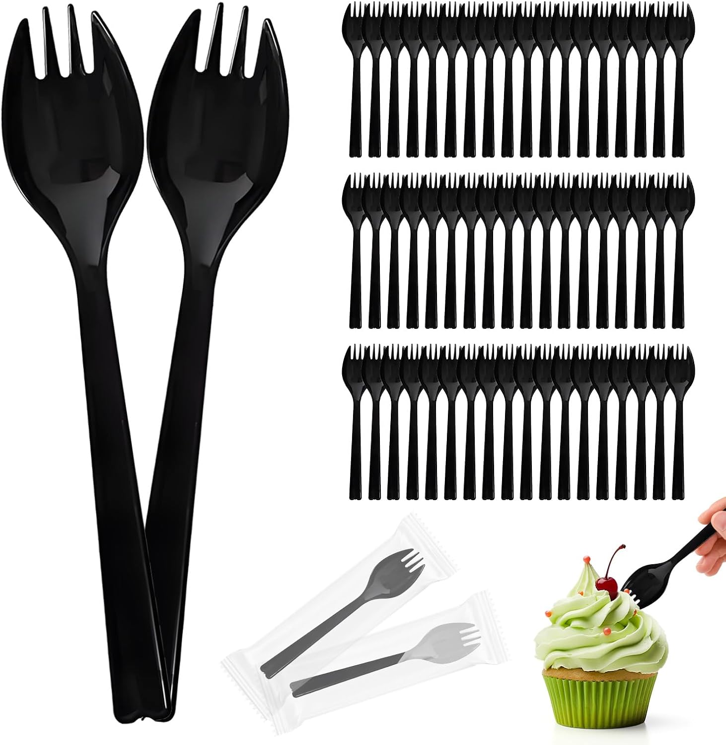 Bioudell long handle individually wrapped sporks front view pack of 50 disposable utensils