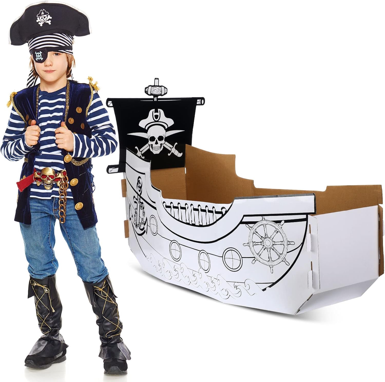 Eaasty coloring pirate ship cardboard boat playhouse front view for kids DIY crafts.