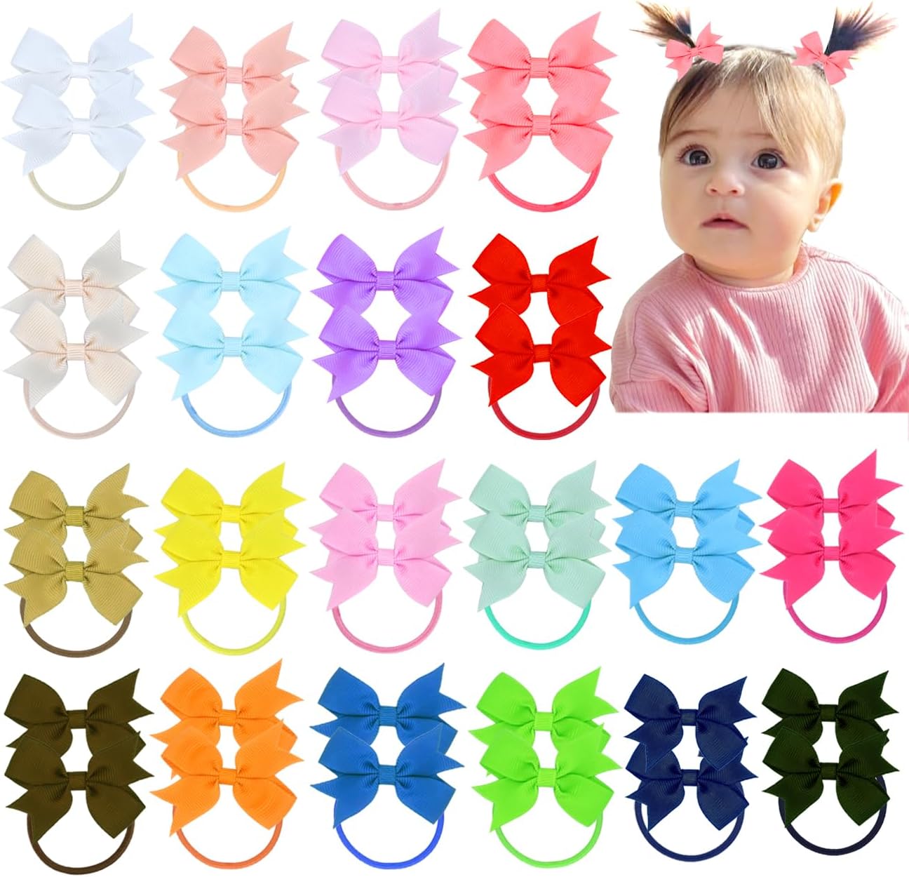 Ronger2000 baby hair ties with bows front view showing multiple colorful pairs.