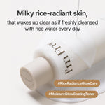 Detailed view of I'm From Rice Toner milky texture and bottle