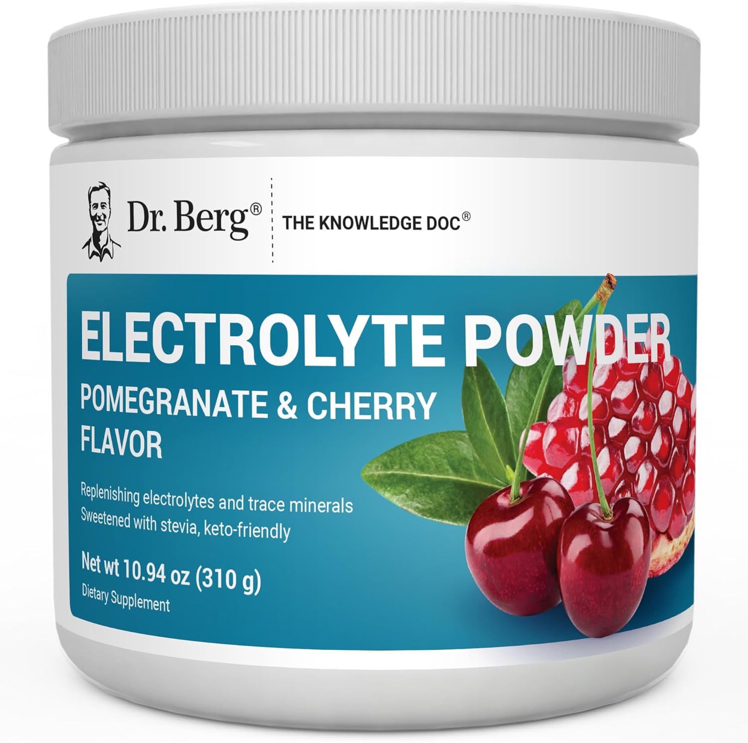 Dr. Berg Keto Electrolyte Powder front view showing pomegranate cherry hydration drink container.