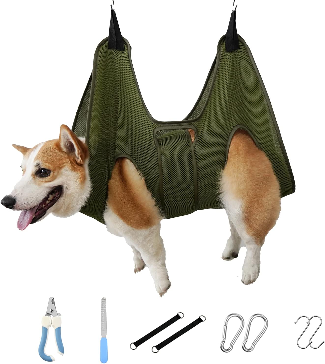 Mklhgty dog grooming hammock front view with green mesh design