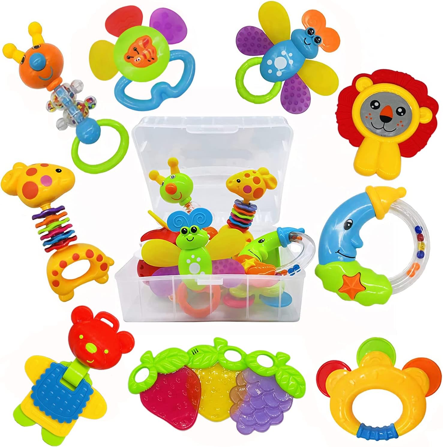 AIVIAI baby toy set front view showing eleven colorful rattles and teethers inside the storage box.