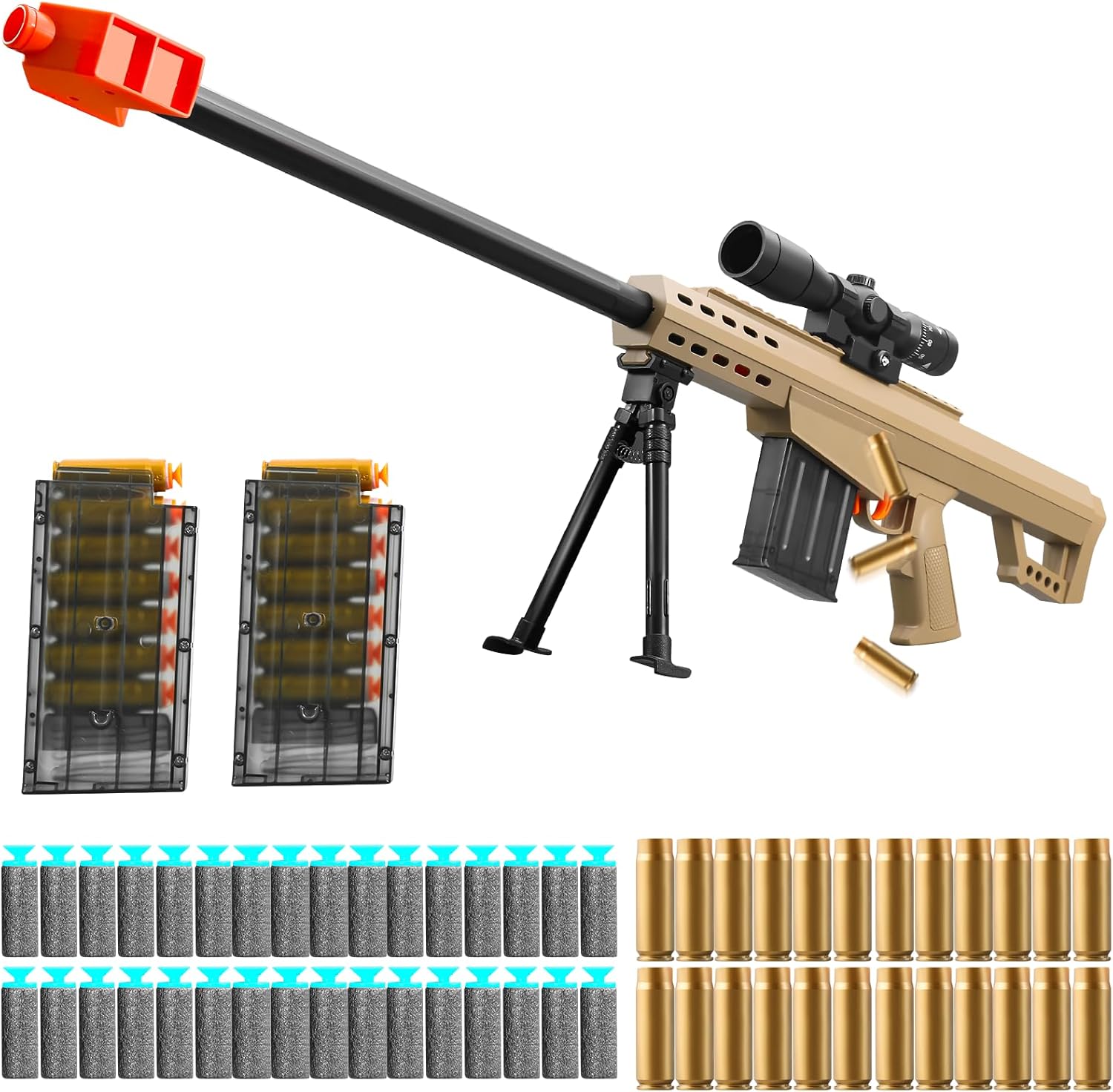 GMNIDO toy sniper rifle front view showing the tan color scheme and attached scope.