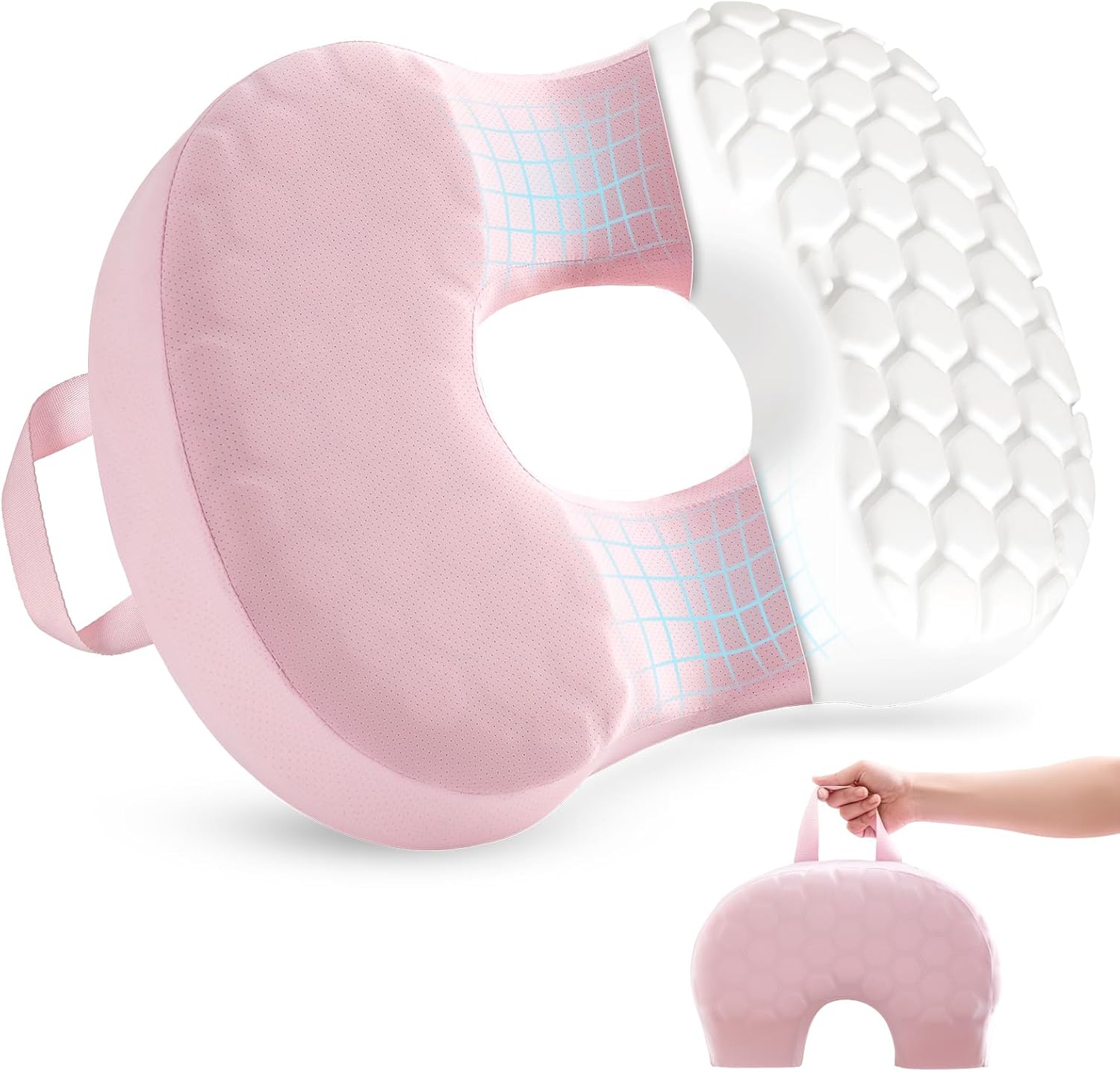 Sino Salected portable donut pillow front view showing pink orthopedic memory foam cushion