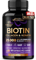 Nutraharmony Biotin Collagen Keratin supplement bottle front view hair vitamins