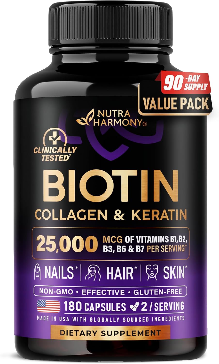 Nutraharmony Biotin Collagen Keratin supplement bottle front view hair vitamins