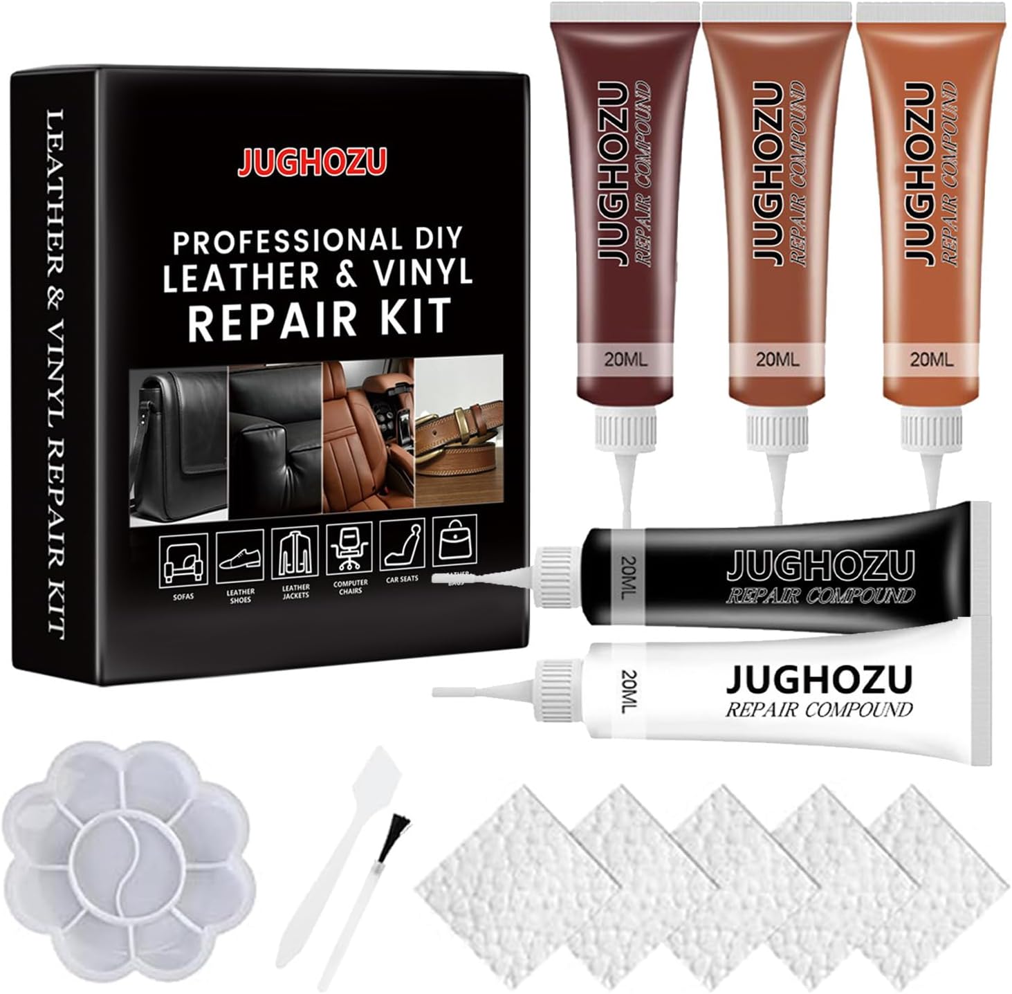 Jughozu leather repair kit front view showing the complete box packaging and repair tubes.