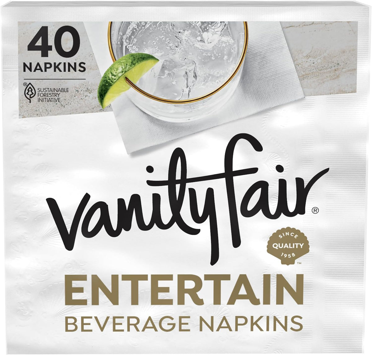 Vanity Fair Entertain Beverage Napkins front view of 40 count pack for premium hosting.