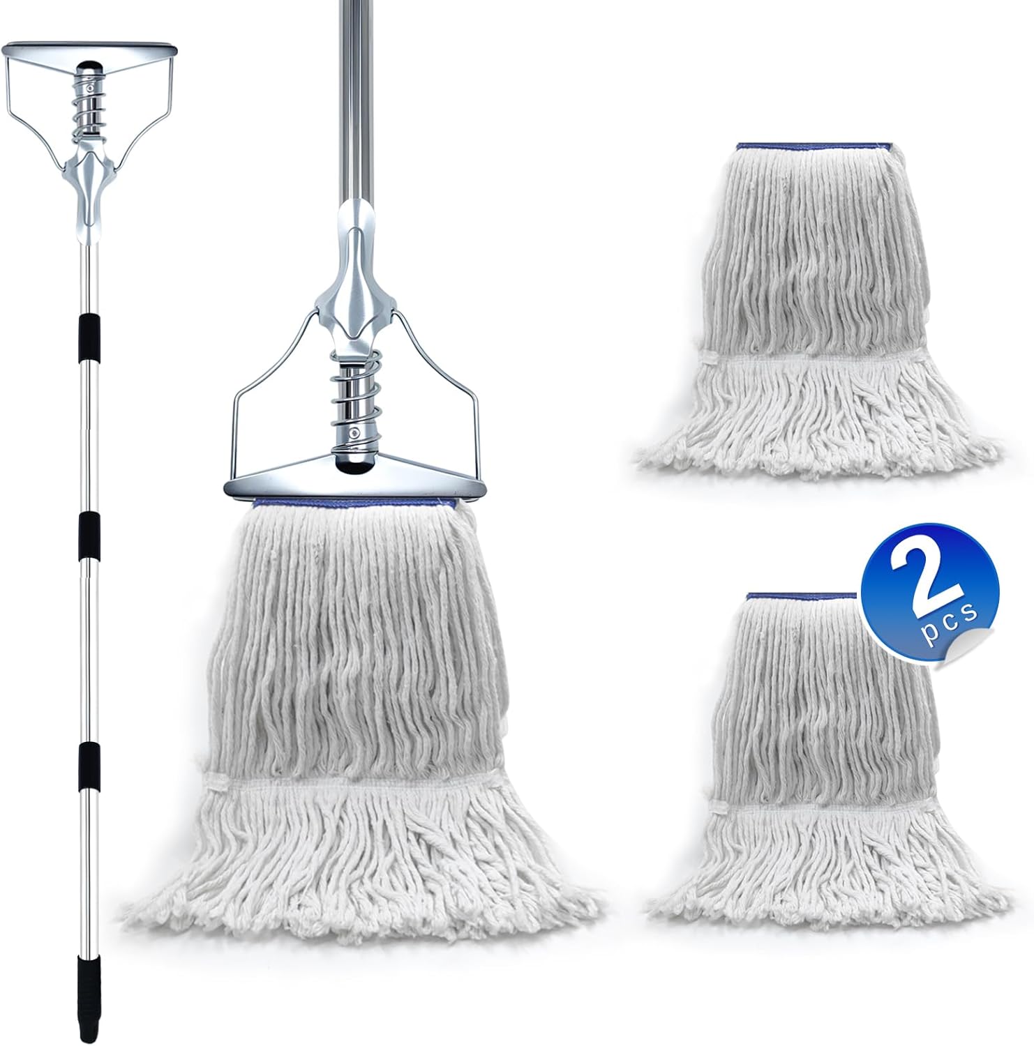 Loyipu heavy duty commercial industrial mop front view showing the blue and white cotton string head and metal frame.