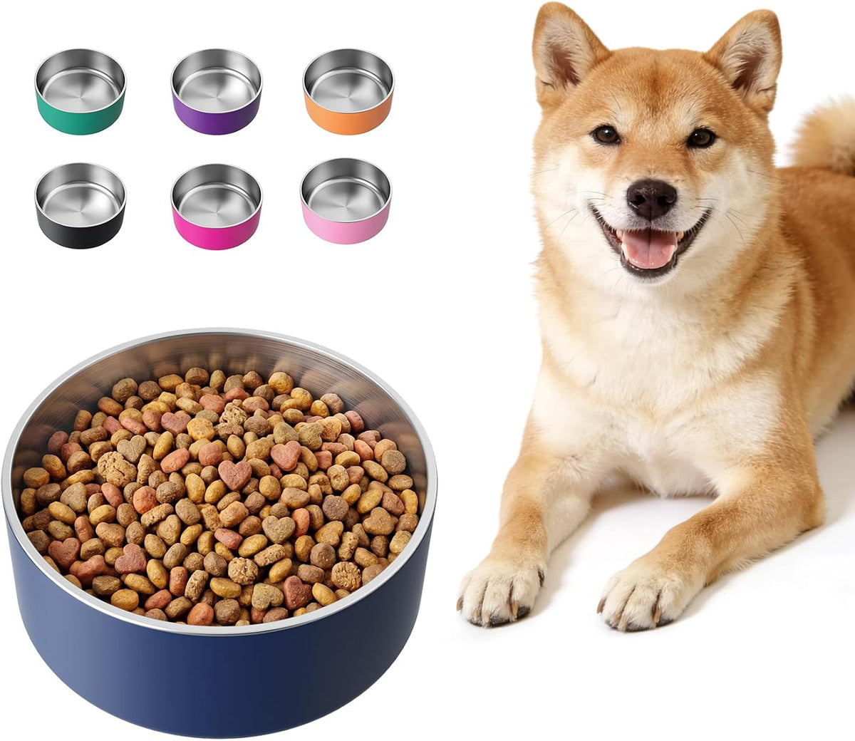 LIHONG stainless steel dog bowl front view with blue finish