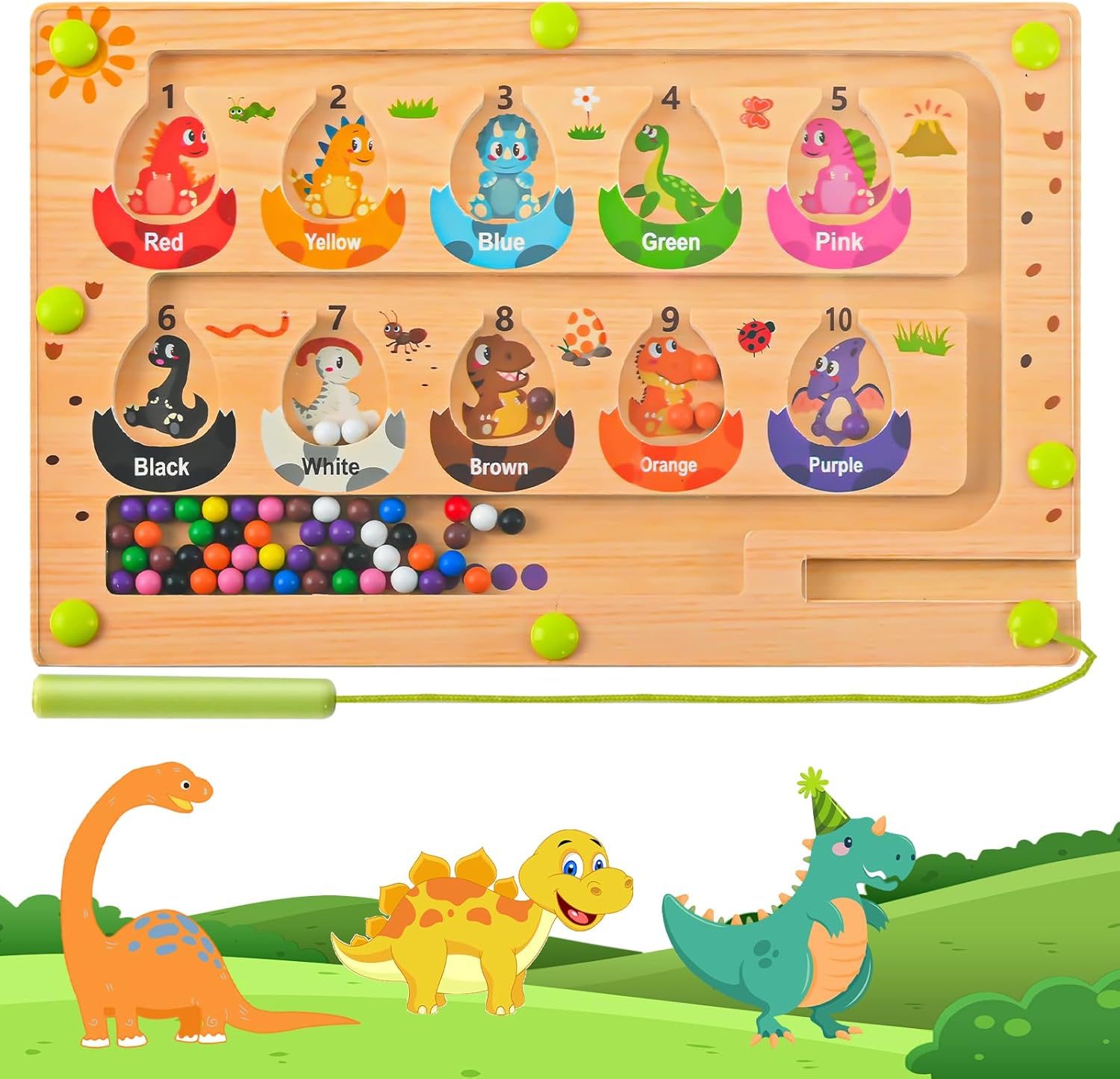 HONGCI Magnetic Dinosaur Eggs Maze front view showing the wooden board and colorful numbered eggs.