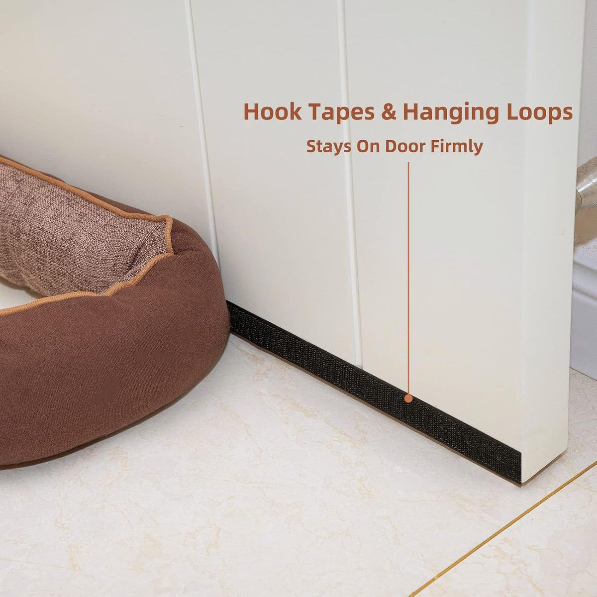 Brown door snake excluder with hanging loops storage detail