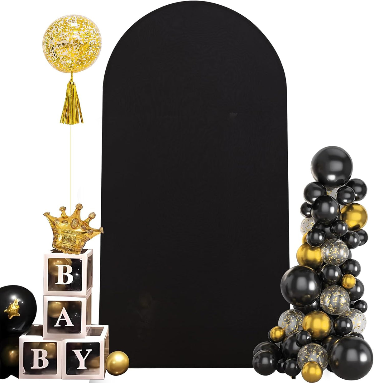 PARTISKY black arch backdrop cover front view on a wedding stand