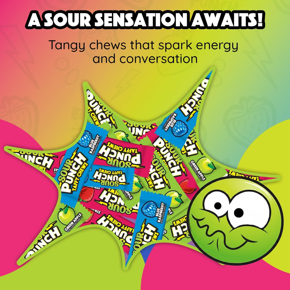 Sour Punch assorted sour chews pile on surface soft taffy texture
