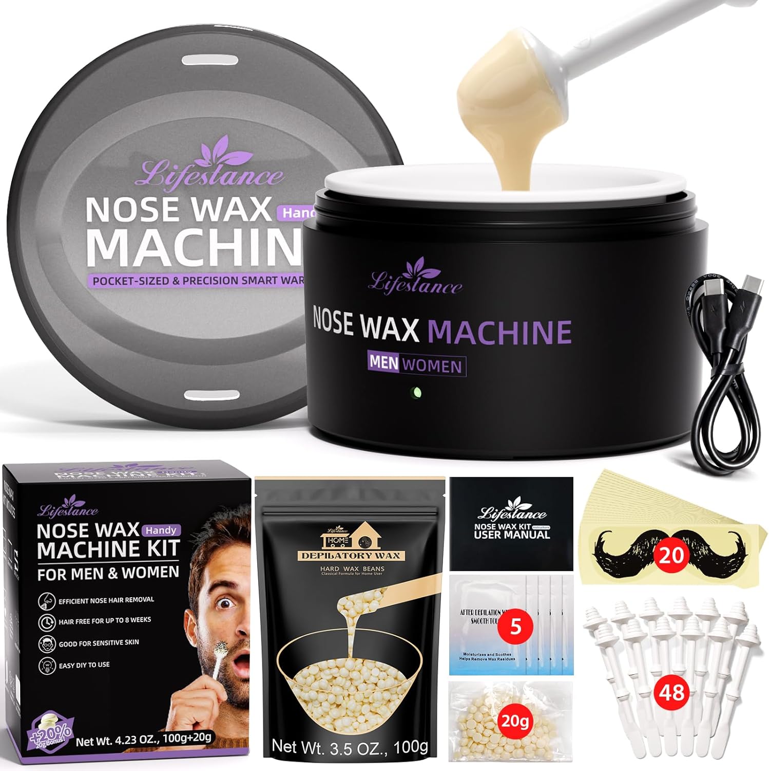 Lifestance Nose Wax Kit front view showing the black electric USB C warmer and wax accessories.