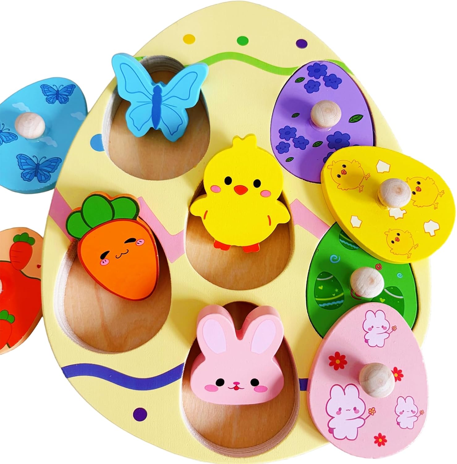 UURM Easter wooden peg puzzle front view showing six colorful matching pieces for toddlers