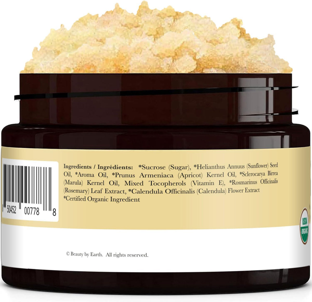 Product jar placed next to natural vanilla and coconut ingredients