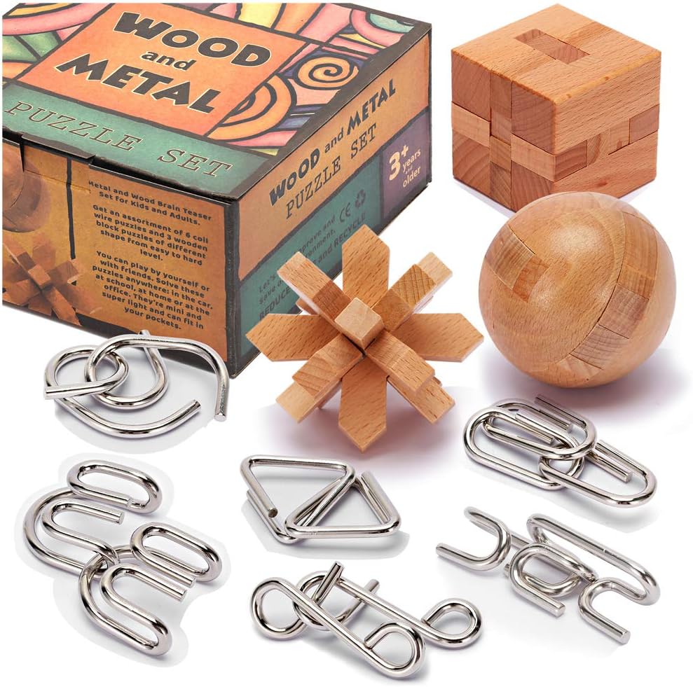 LESONG brain teasers metal and wooden puzzles 9 pack front view showing colorful gift box with internal puzzle pieces.