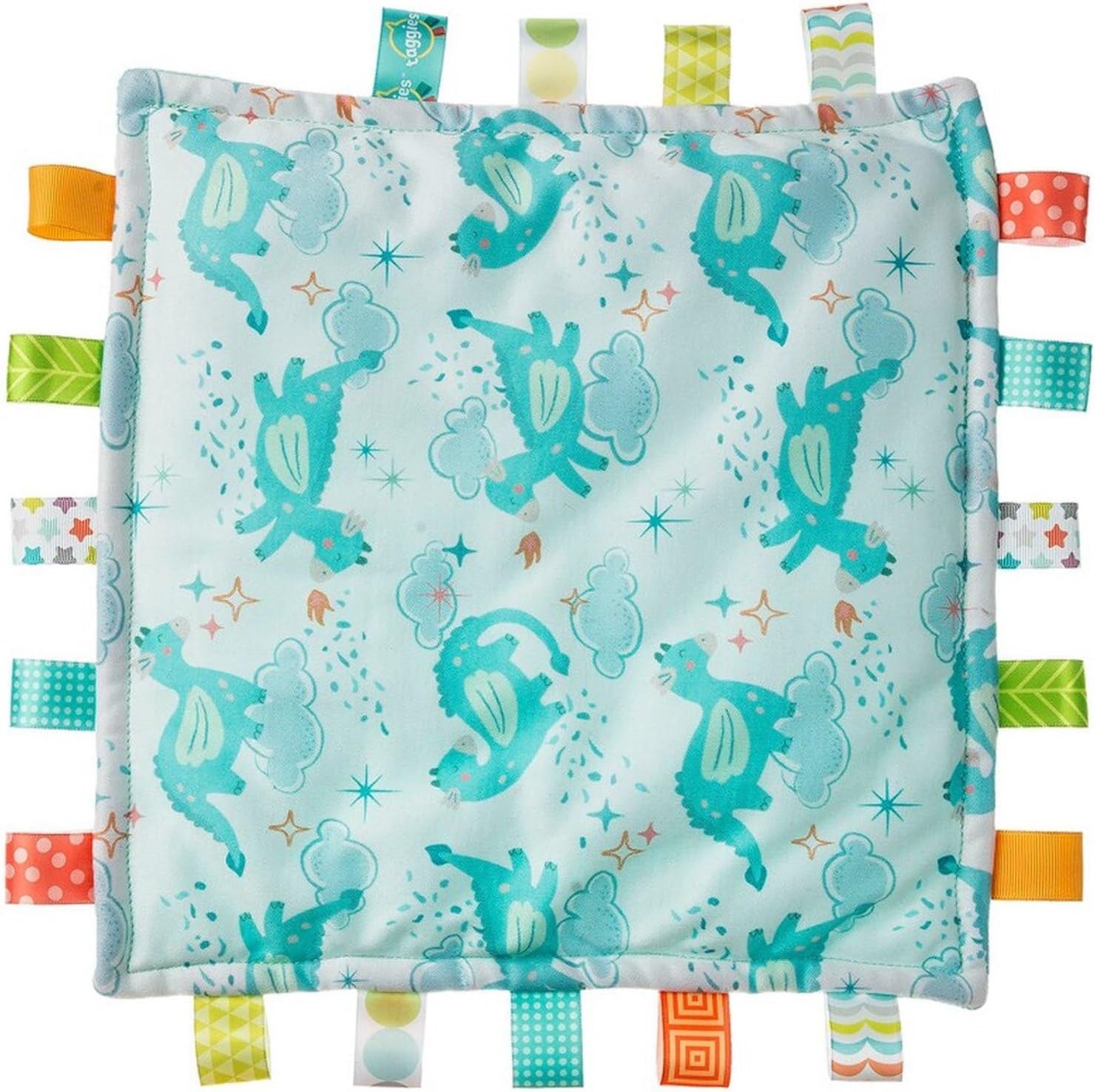 Taggies Drax Dragon baby security blanket front view showing the soft blue jersey fabric and colorful sensory satin tags.