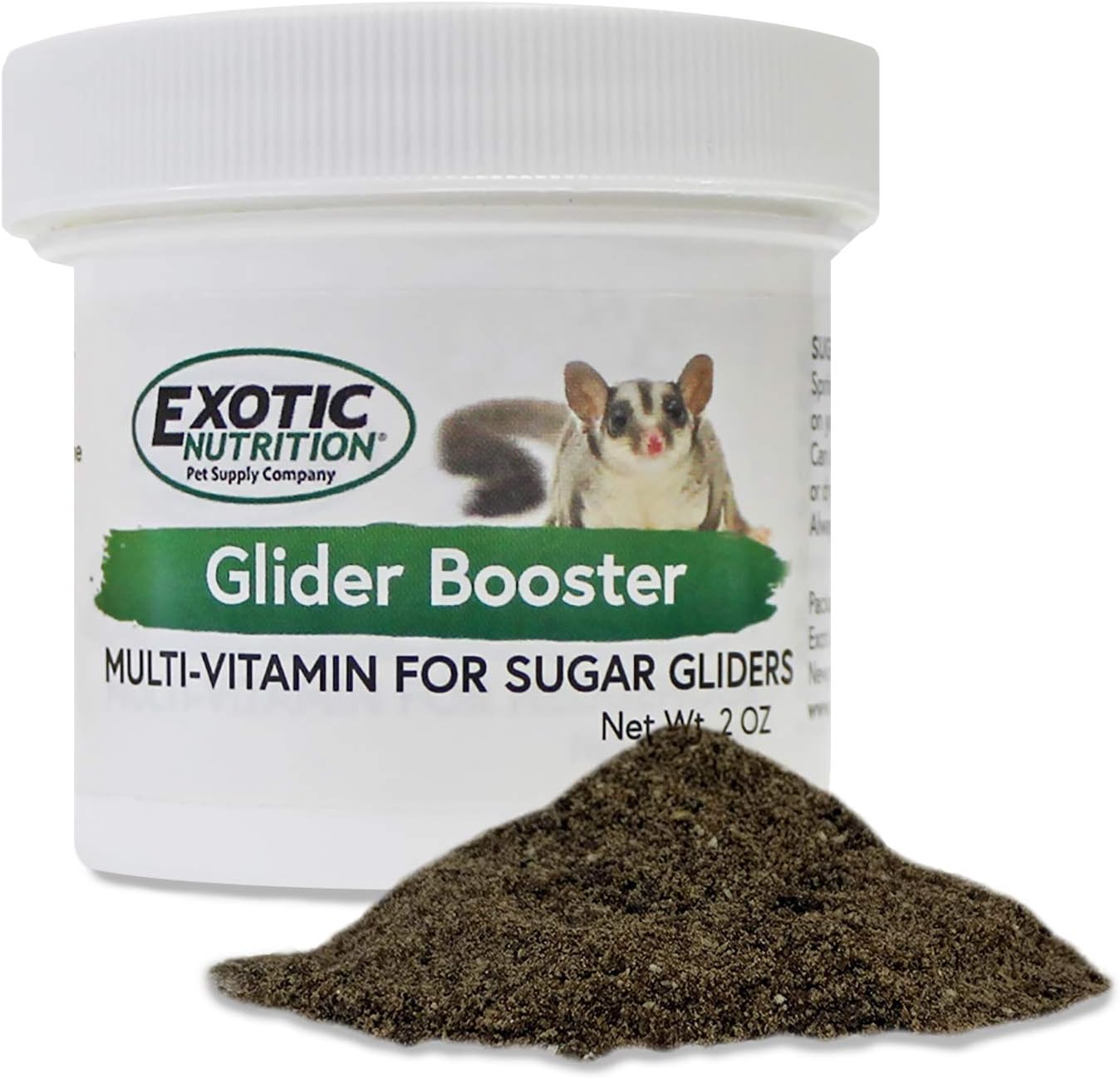 Exotic Nutrition Glider Booster 2 Ounce packaging front view showing authentic sugar glider multivitamin powder.