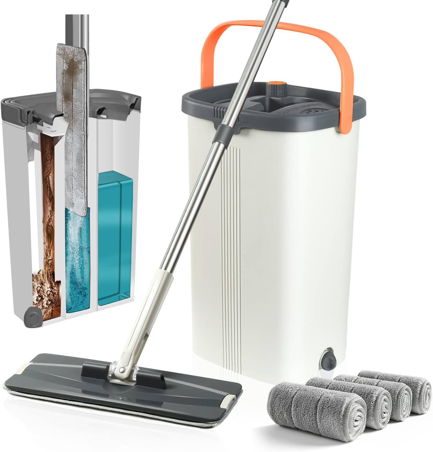 Jelymark Flat Mop and Bucket with Wringer Set front view showing three chamber bucket design