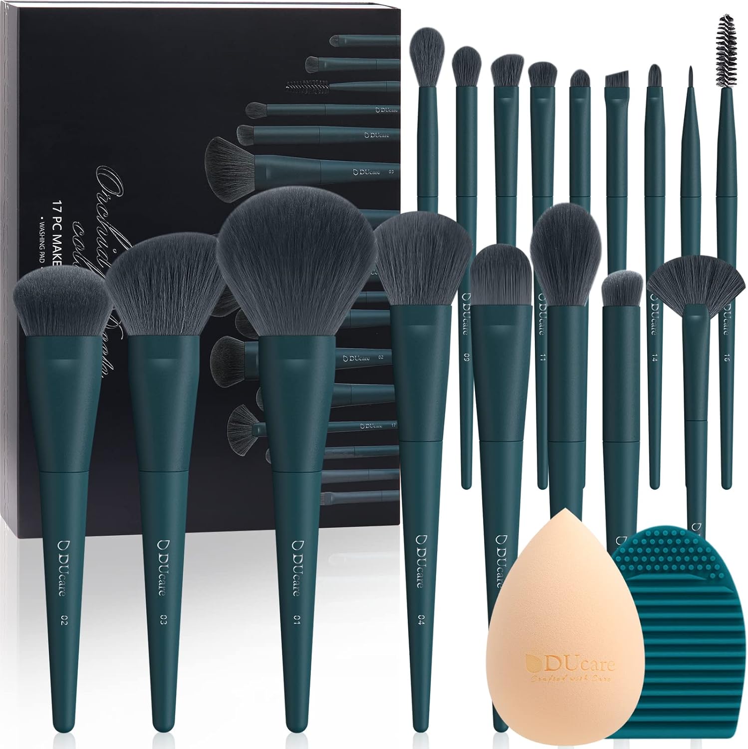 DUcare Makeup Gift Set 19 Pieces front view of dark turquoise box with professional makeup brushes arranged neatly