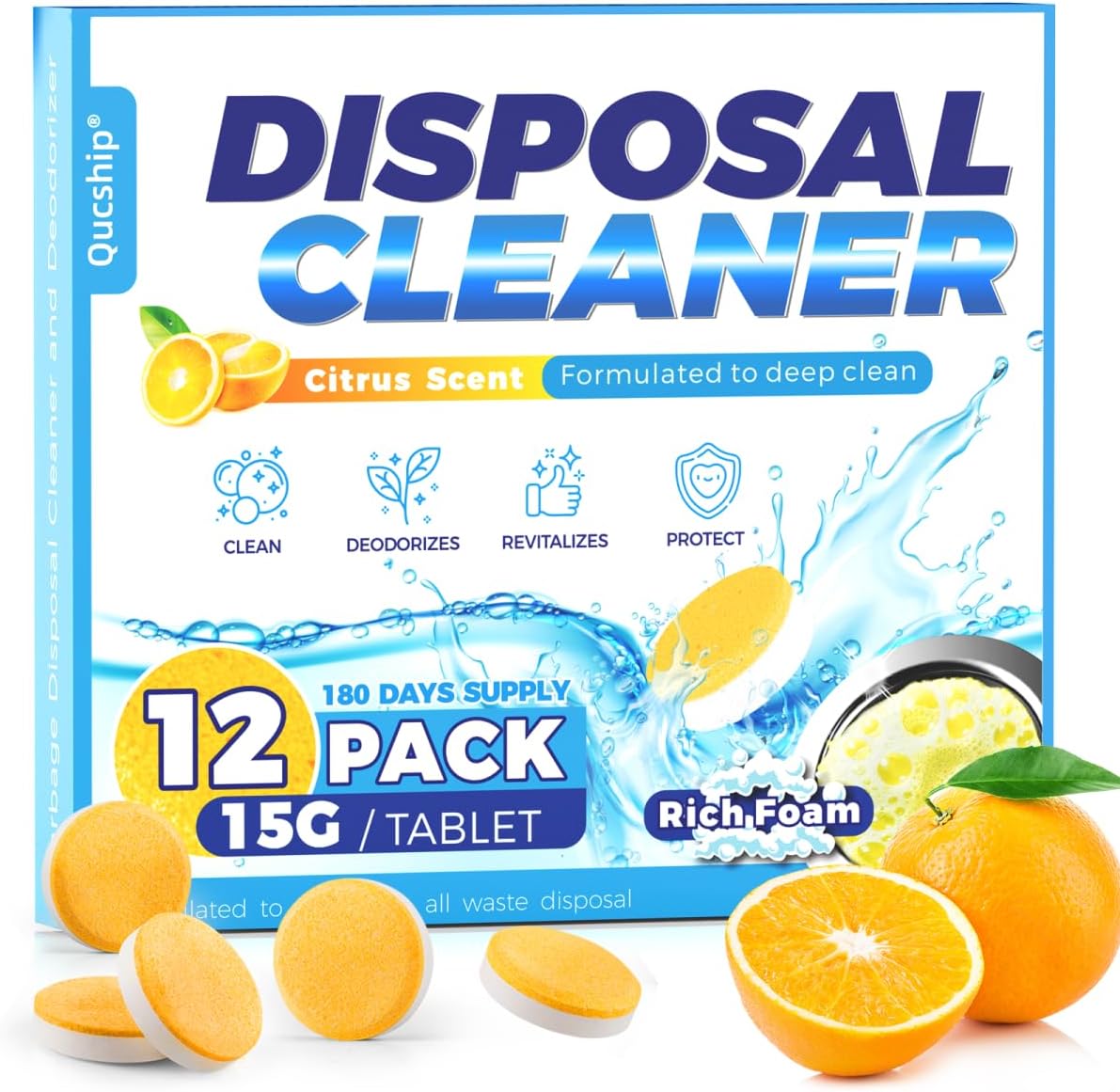Qucship garbage disposal cleaner tablets front packaging view