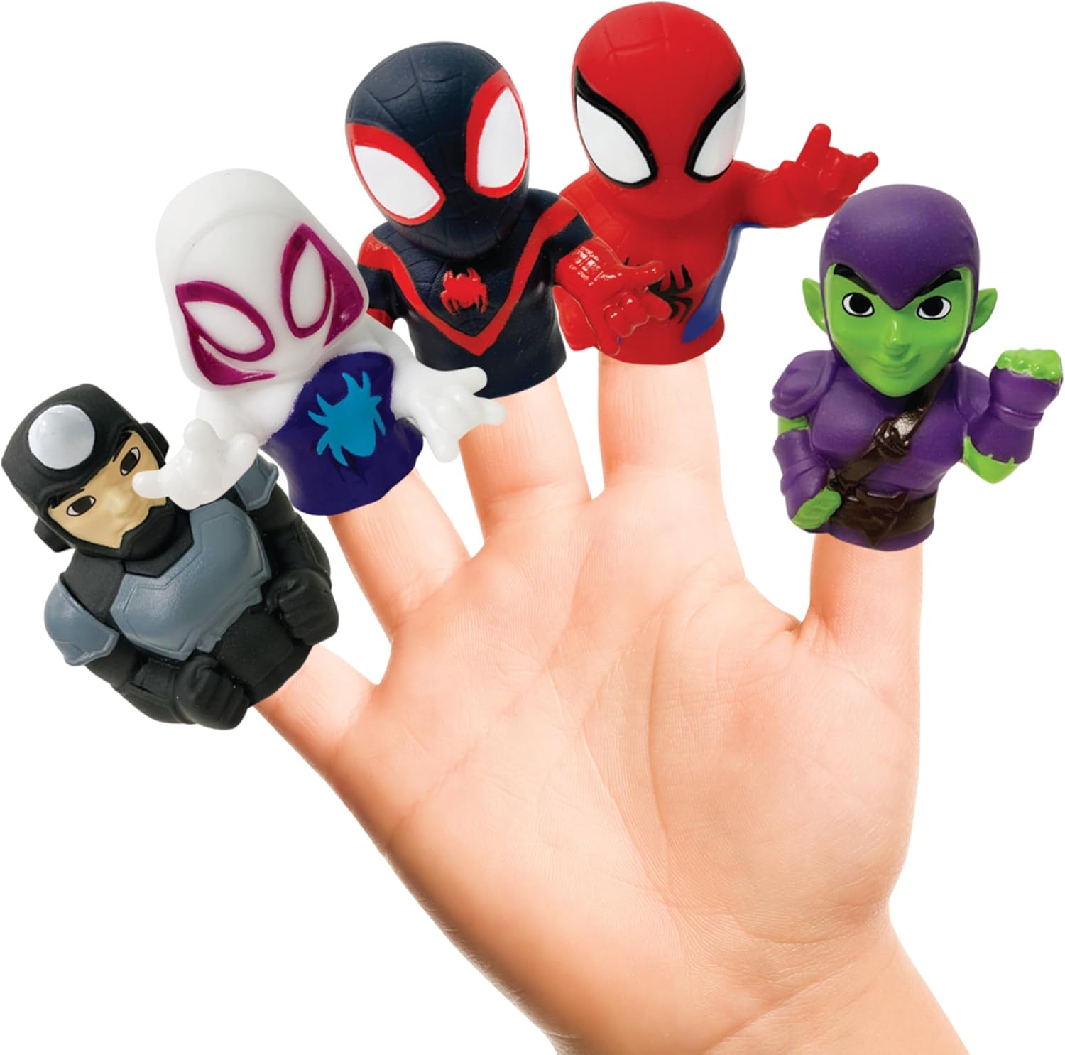 Ginsey Spidey and His Amazing Friends finger puppet set front view showcasing five colorful Marvel characters.
