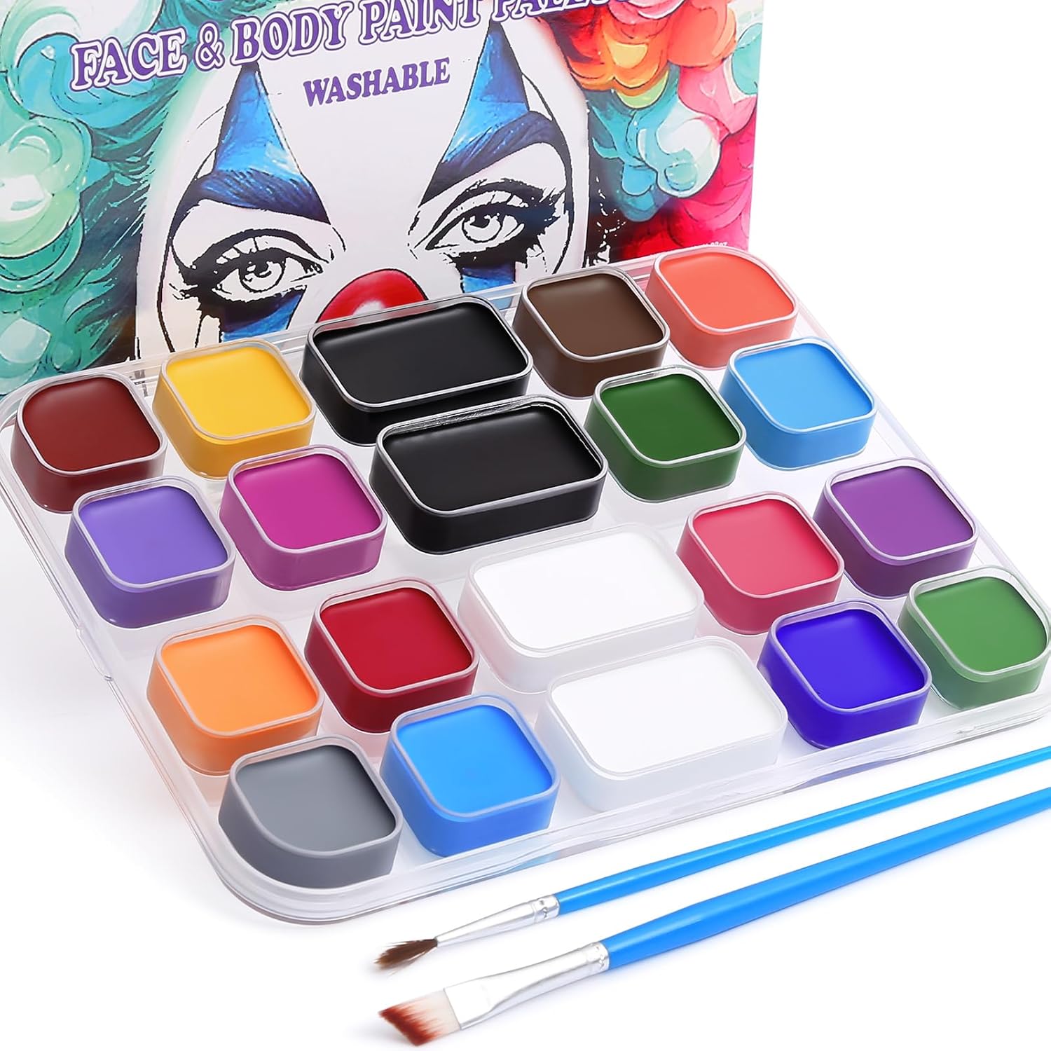 BOBISUKA 18 Color Washable Face & Body Paint Palette with Brushes, Extra Black & White Pans, Highly Pigmented Cream Formula Face Painting Kit for Halloween, Carnival, Cosplay, Festivals & SFX Makeup - Image 1