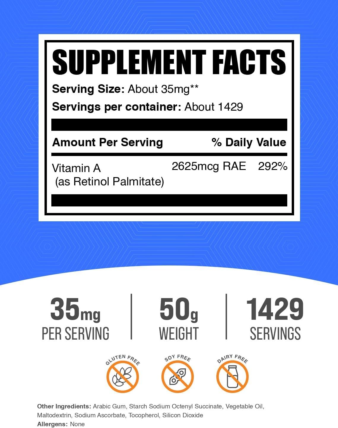 BulkSupplements Retinol Palmitate supplement powder nutritional information label