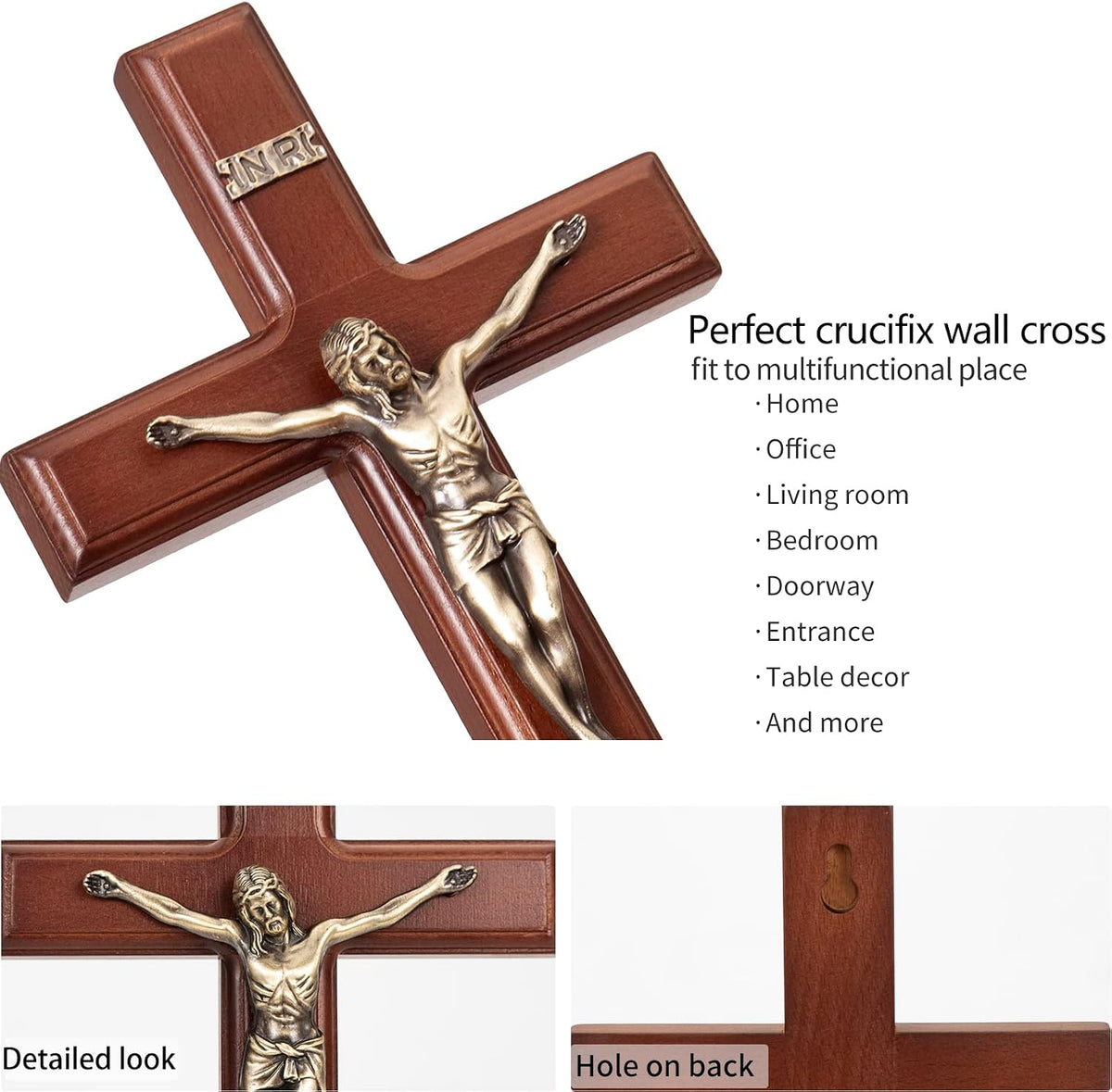 ARCHOBAN Catholic wall cross close-up of the antique brass Jesus Christ corpus.