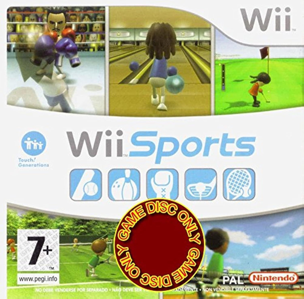 Nintendo Wii Sports front view case showing white cover with classic sports graphics