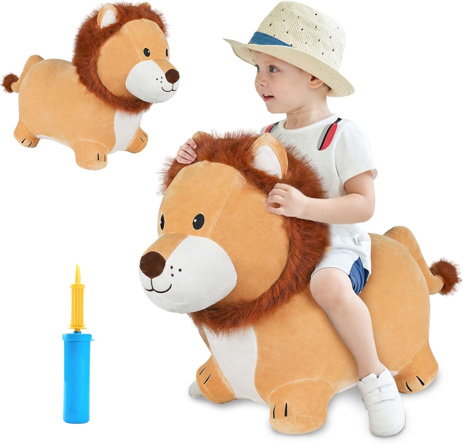 iPlay, iLearn Bouncy Pals Lion Hopper Toy front view showing the cute yellow plush lion face and sturdy front feet.